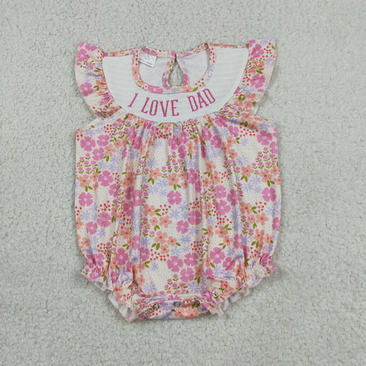 SR4142 Smocked I Love Dad Baby Girls Pink Flowers Ruffle Rompers