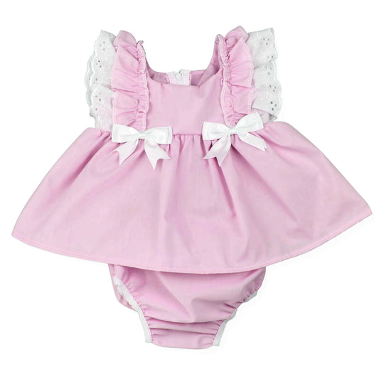 SR4144 Preorder Baby Girl Pink Flutter Sleeve Bows Tunic Ruffle Rompers