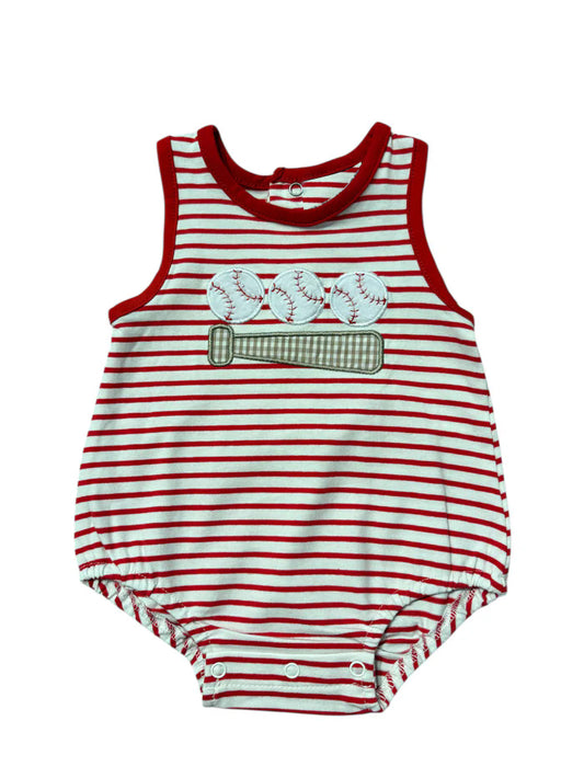 SR4148 Preorder Baby Boy Sleeveless Red Stripe Baseballs Team Romper