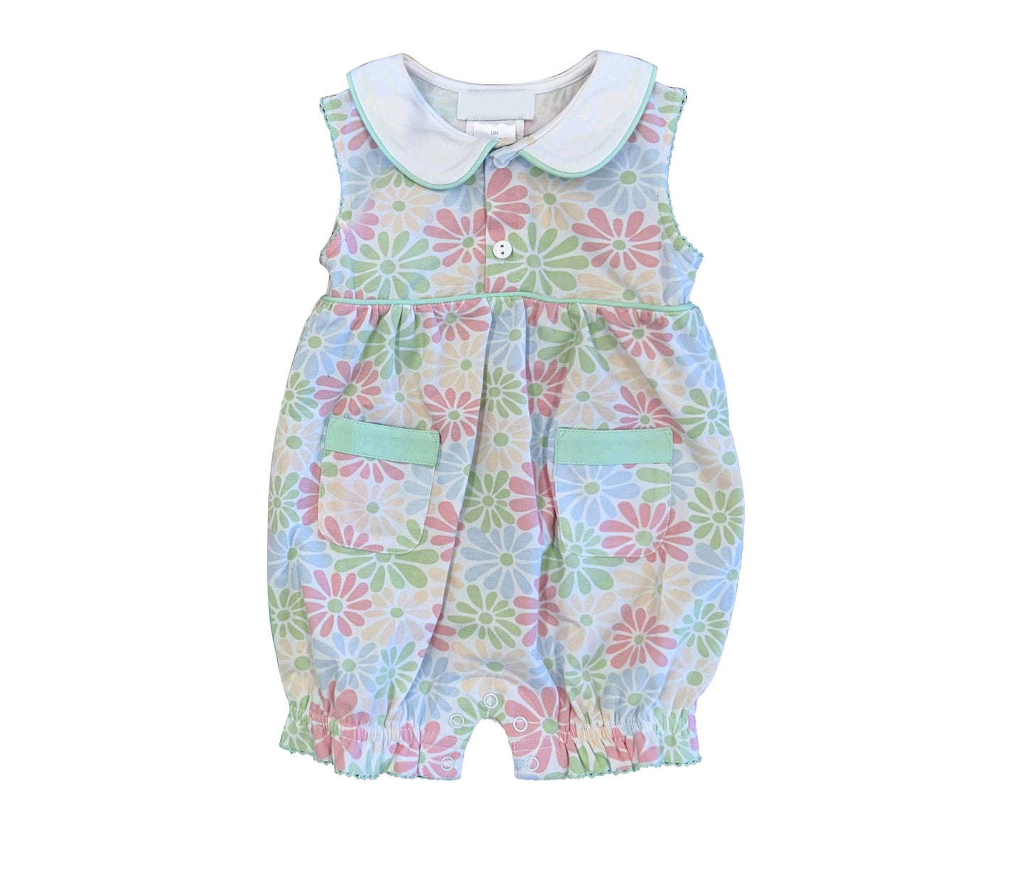 SR4149 Preorder Baby Girl Colorful Daisy Collar Button Pockets Ruffle Romper