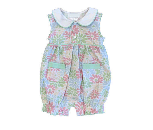 SR4149 Preorder Baby Girl Colorful Daisy Collar Button Pockets Ruffle Romper