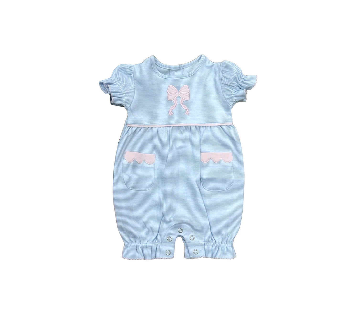 SR4150 Preorder Baby Girl Blue Stripe Bows Pockets Ruffle Romper