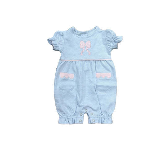SR4150 Preorder Baby Girl Blue Stripe Bows Pockets Ruffle Romper