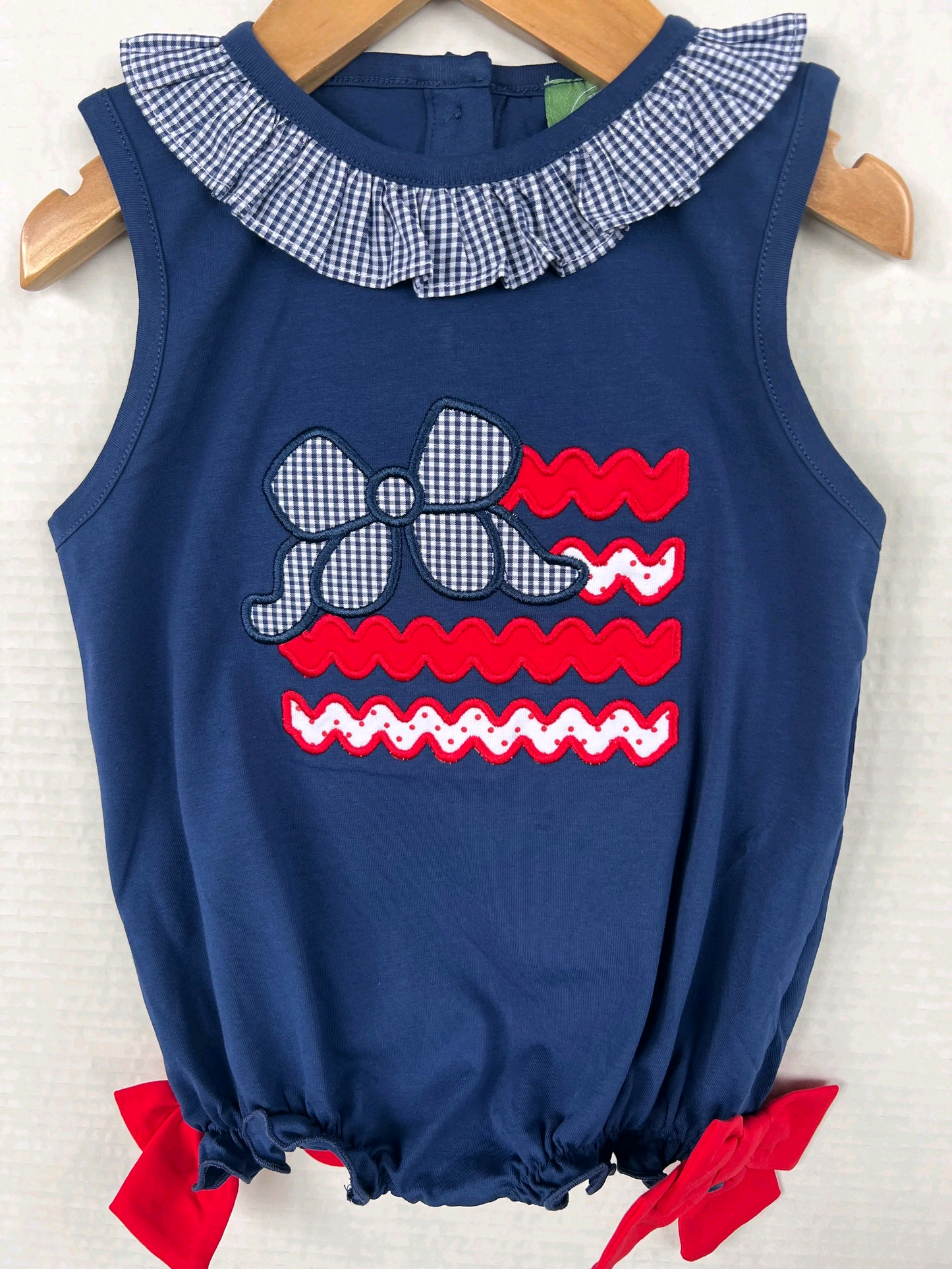 SR4152 Preorder Baby Girl Sleeveless Red Blue Bows Flags 4th of July Ruffle Romper