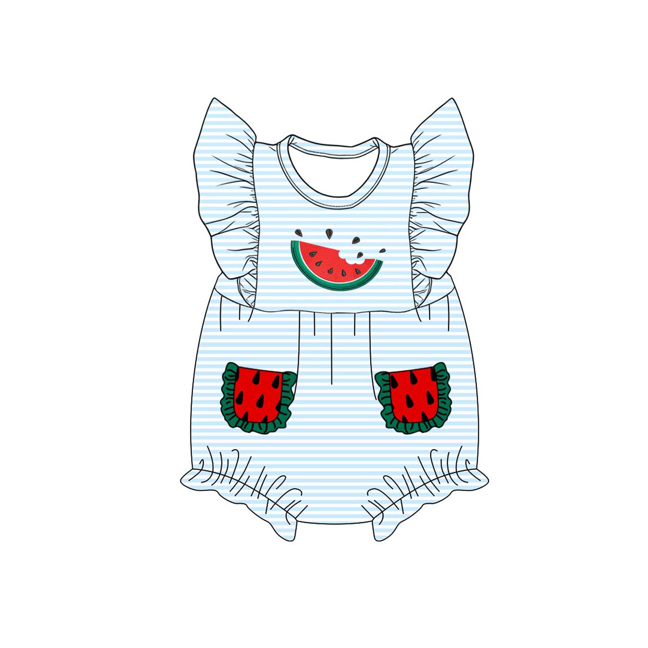 SR4153 Preorder Baby Girl Flutter Sleeve Blue Stripe Watermelon Pockets Ruffle Romper