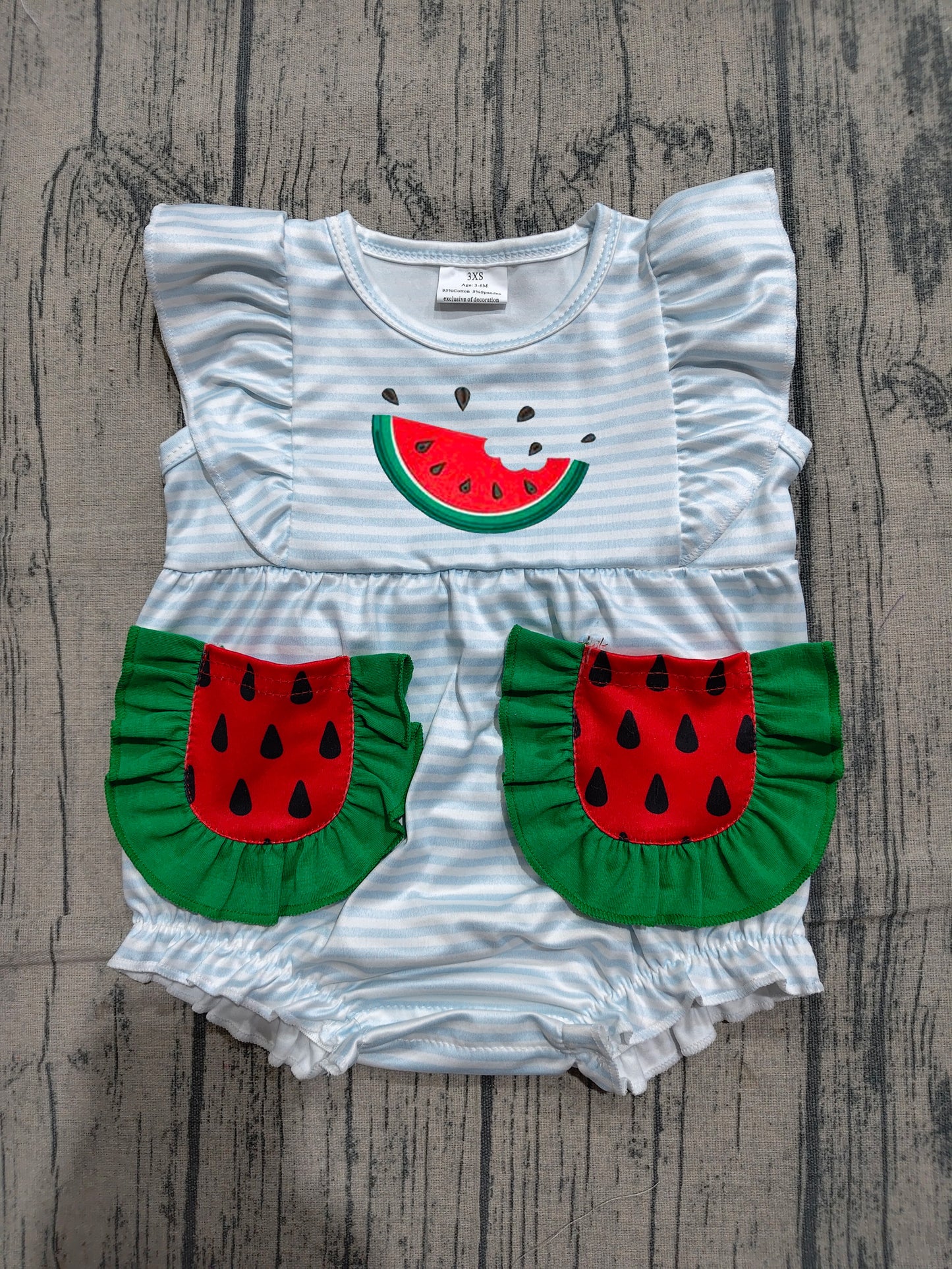 SR4153 Preorder Sample Embroidery Watermelon Baby Girls Flutter Sleeve Blue Stripe Pockets Ruffle Romper