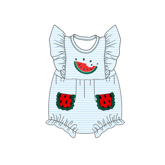 SR4153 Preorder Baby Girl Flutter Sleeve Blue Stripe Watermelon Pockets Ruffle Romper