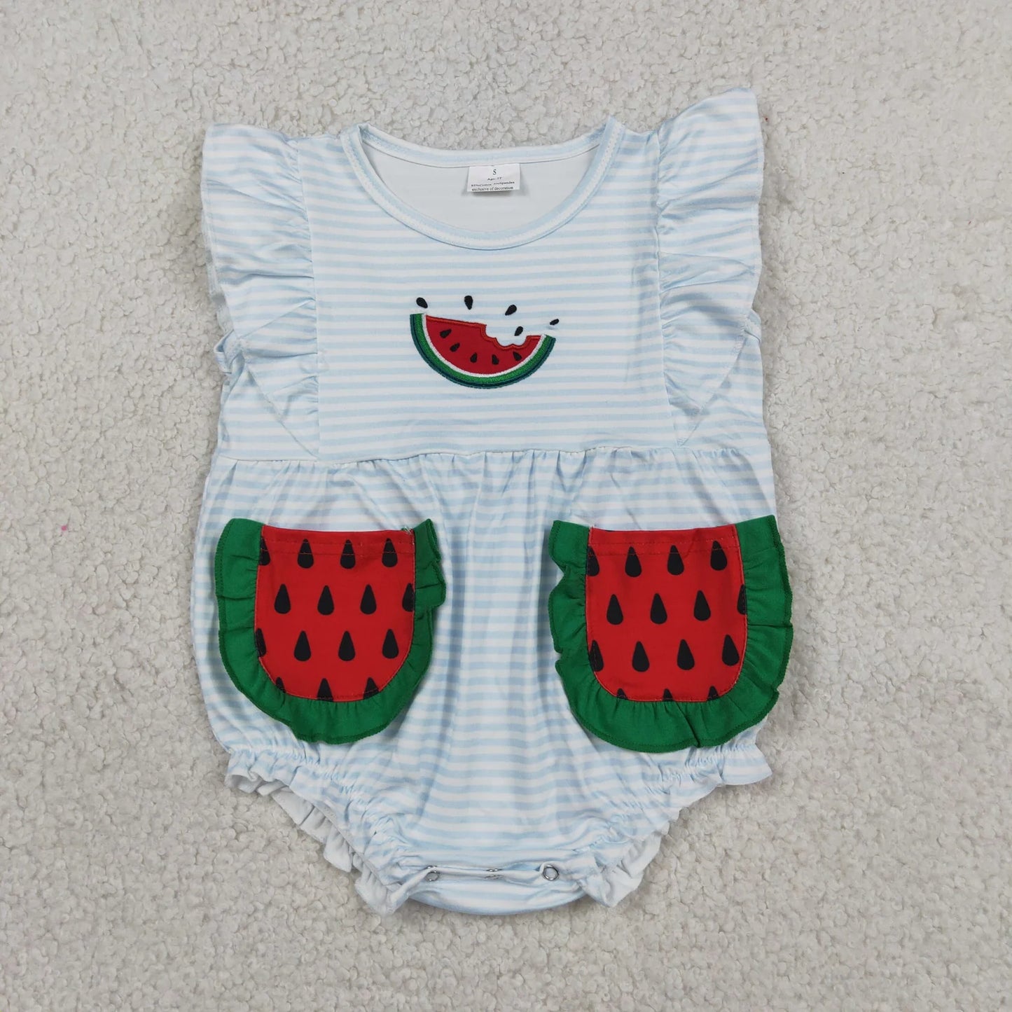 SR4153 Embroidery Watermelon Baby Girls Flutter Sleeve Blue Stripe Pockets Ruffle Romper