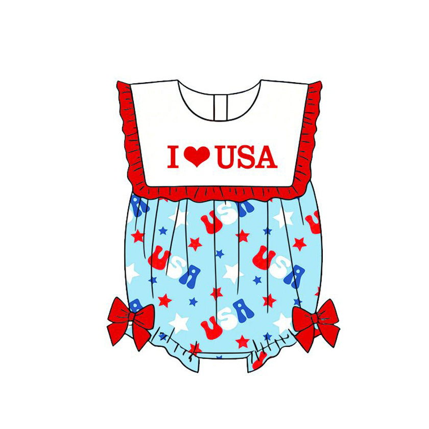 SR4154 Preorder Baby Girl Sleeveless I Love USA Stars 4th of July Ruffle Romper