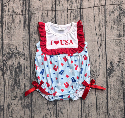 SR4154 Preorder Sample Baby Girls Sleeveless I Love USA Stars 4th of July Ruffle Romper