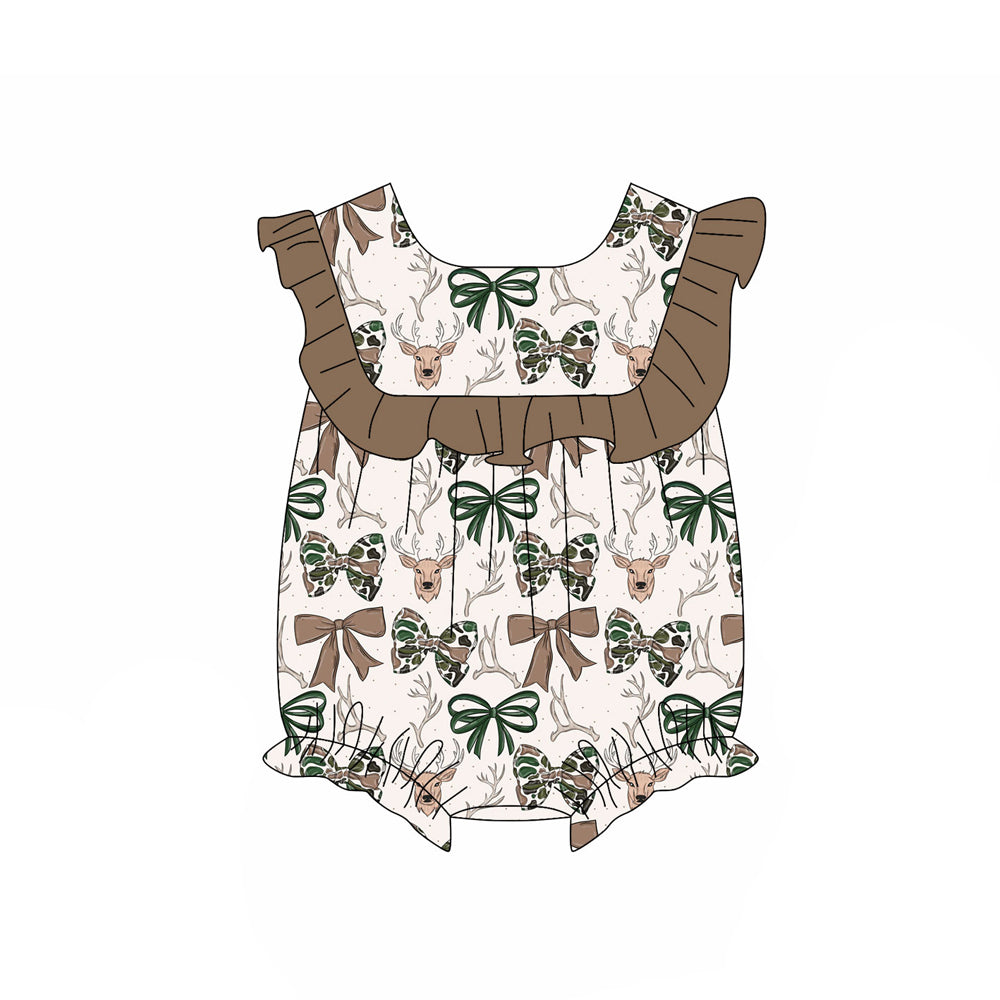 SR4159 Preorder Baby Girls Sleeveless Camo Bows Deer Hunting Ruffle Romper