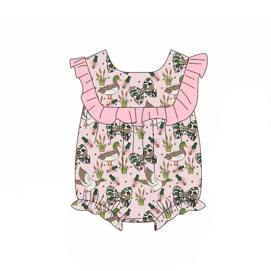 SR4160 Preorder Baby Girls Sleevelss Camo Bows Ducks Hunting Ruffle Romper