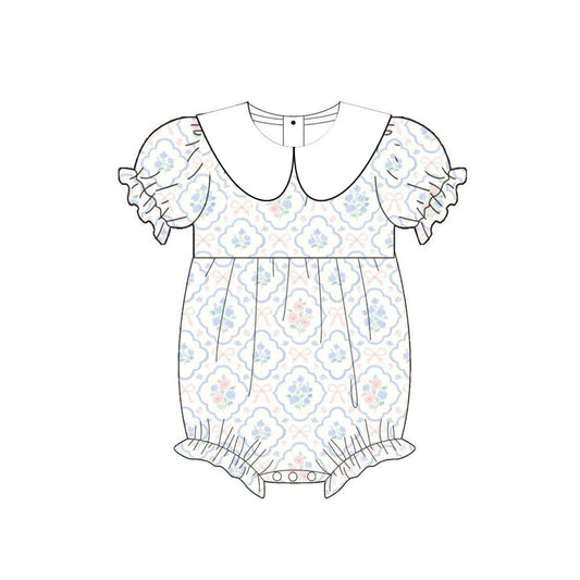 SR4165 Preorder Baby Girls Bows Flowers Checked Collar Ruffle Romper