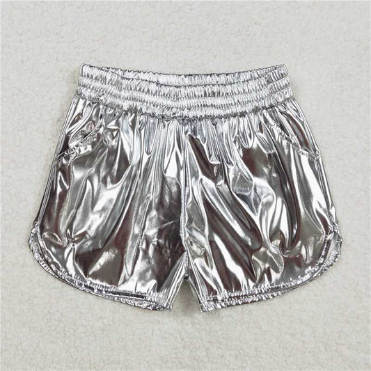 SS0416 Baby Girls Silver Pocket Leather Elastic Bottom Shorts