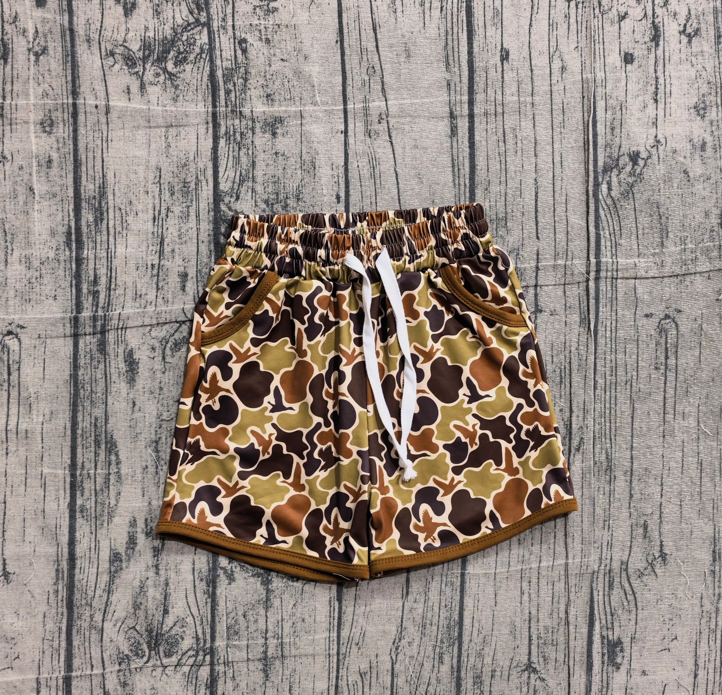 SS0673 Preorder IRL Baby Boy Olive Brown Ducks Camo Hunting Pockets Shorts Bottom
