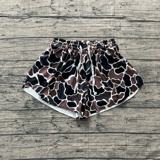 SS0768 Preorder Sample Adult Women Dark Brown Camo Yoga Active Shorts Ruffle Bottom