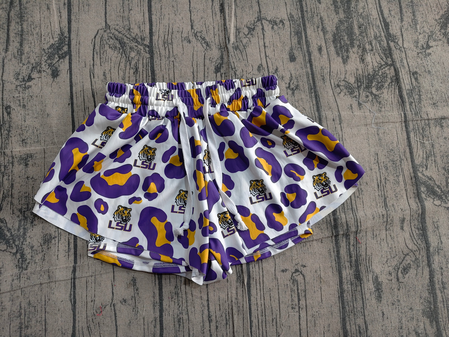 SS0821 Preorder Sample Baby Girl Purple Leopard LSU Tigers Yoga Active Team Ruffle Shorts Bottom