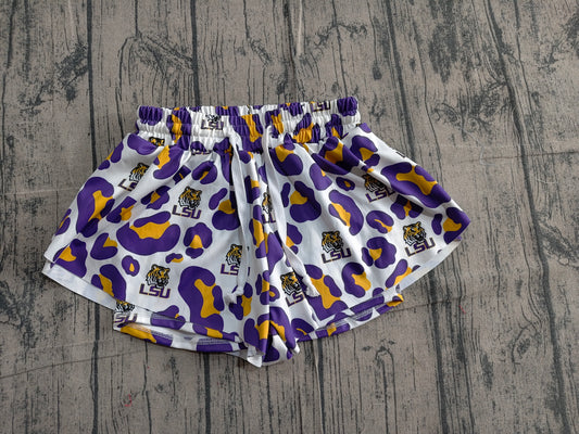 SS0821 Preorder Sample Baby Girl Purple Leopard LSU Tigers Yoga Active Team Ruffle Shorts Bottom