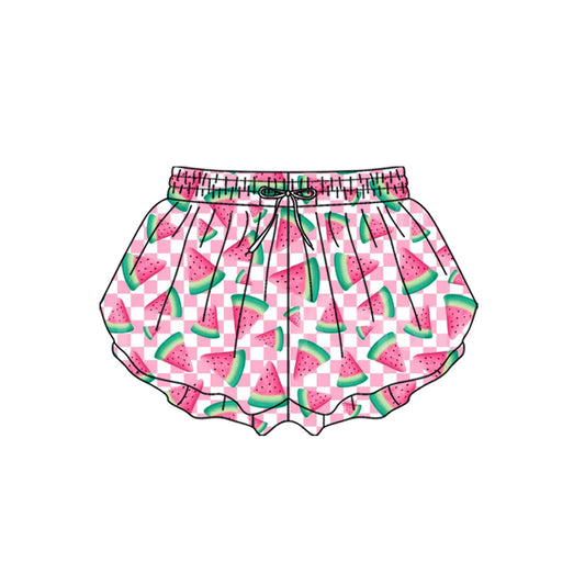 SS0849 Preorder Baby Girl Pink Checked Watermelons Yoga Active Ruffle Shorts Bottom