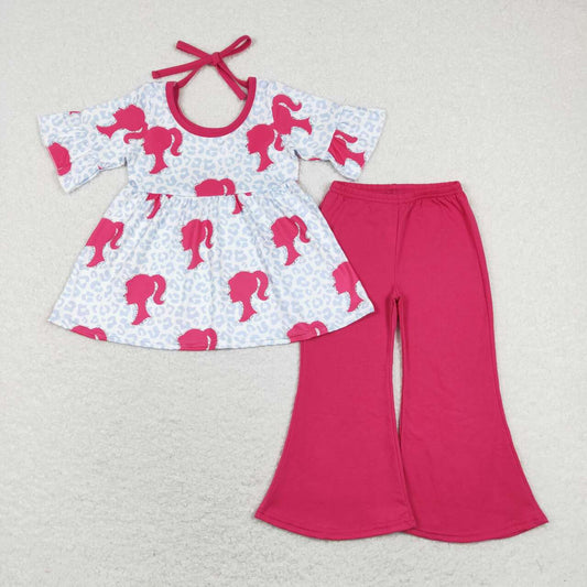 GSPO1187 Leopard print short sleeve rose-red pantsuit