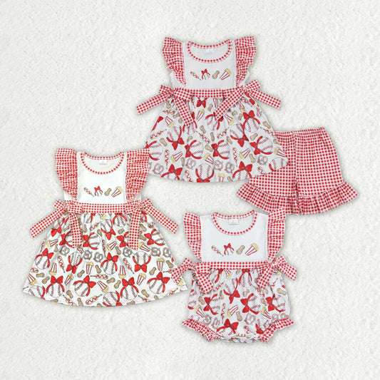 Baby Girl Sets Kids Knee Length Dress Baseball Bows Sibling Sister Rompers Clothes
