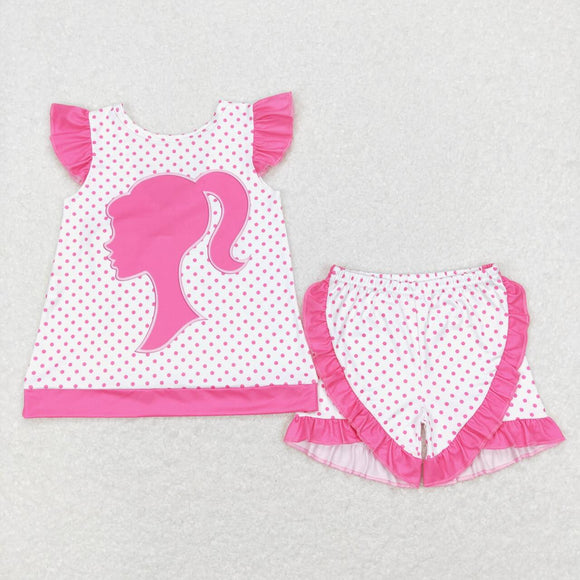 GSSO0384 barbie head polka dot pink lace short-sleeved shorts set