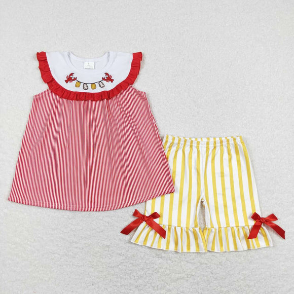 GSSO0453 Embroidered crayfish corn Red lace bow sleeveless yellow and white striped shorts