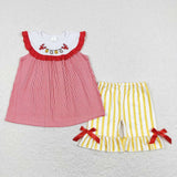 GSSO0453 Embroidered crayfish corn Red lace bow sleeveless yellow and white striped shorts