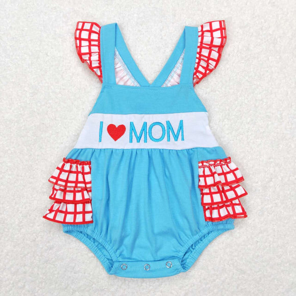 SR0683 I love mom Embroidered letter red and white check lace Blue flying sleeve jumpsuit