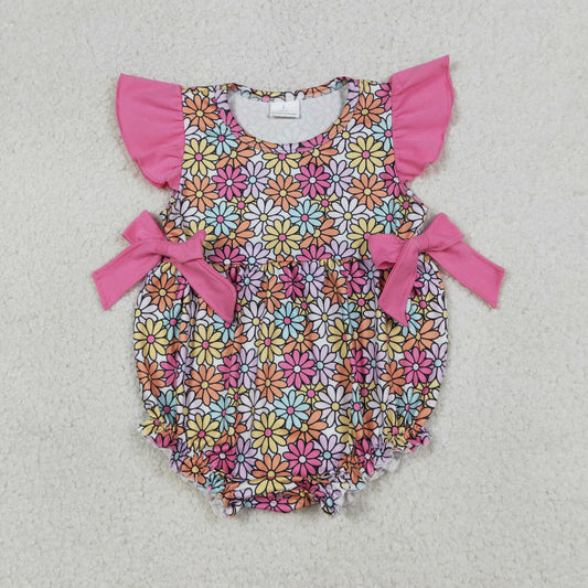 SR4049 Newborn Baby Girls Flutter Sleeve Colorful Daisy Flowers Ruffle Rompers