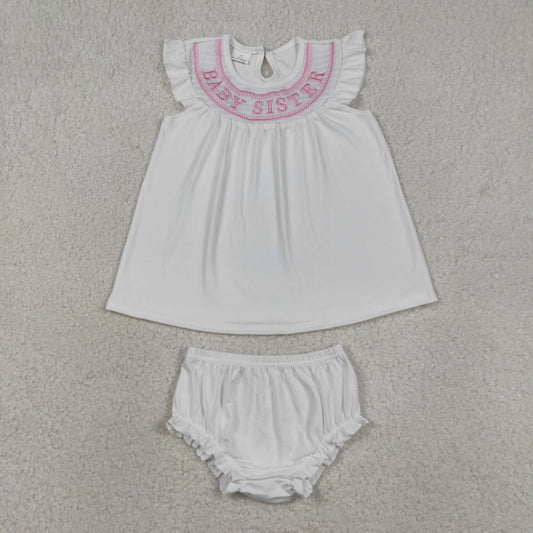 GBO0490 Kids Smocked Baby Sister Flutter Sleeve Tunic Bummies Short Clothes Sets
