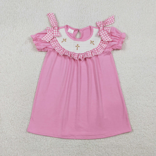 RTS NO MOQ（In Stock) GSD3178 easter smocked Embroidered cross, pink and white checkered lace short-sleeved dress
