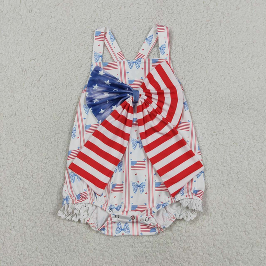 SR3862 Newborn Baby Girls Strap Flags Bows Stripe 4th of July Ruffle Rompers