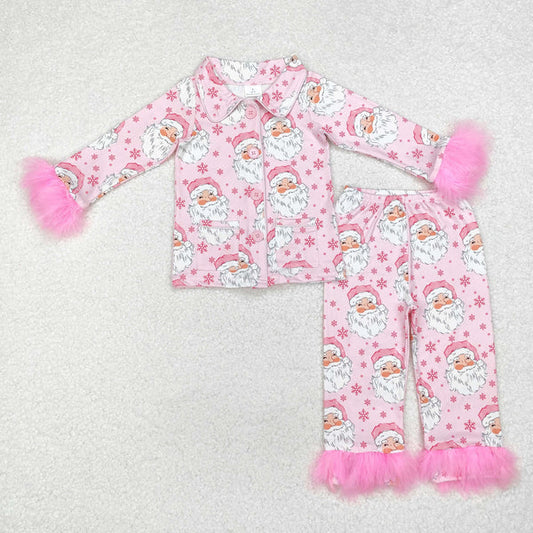 GGLP1900 Baby Girls Christmas Pink Santas Shirt Pants Clothes Set