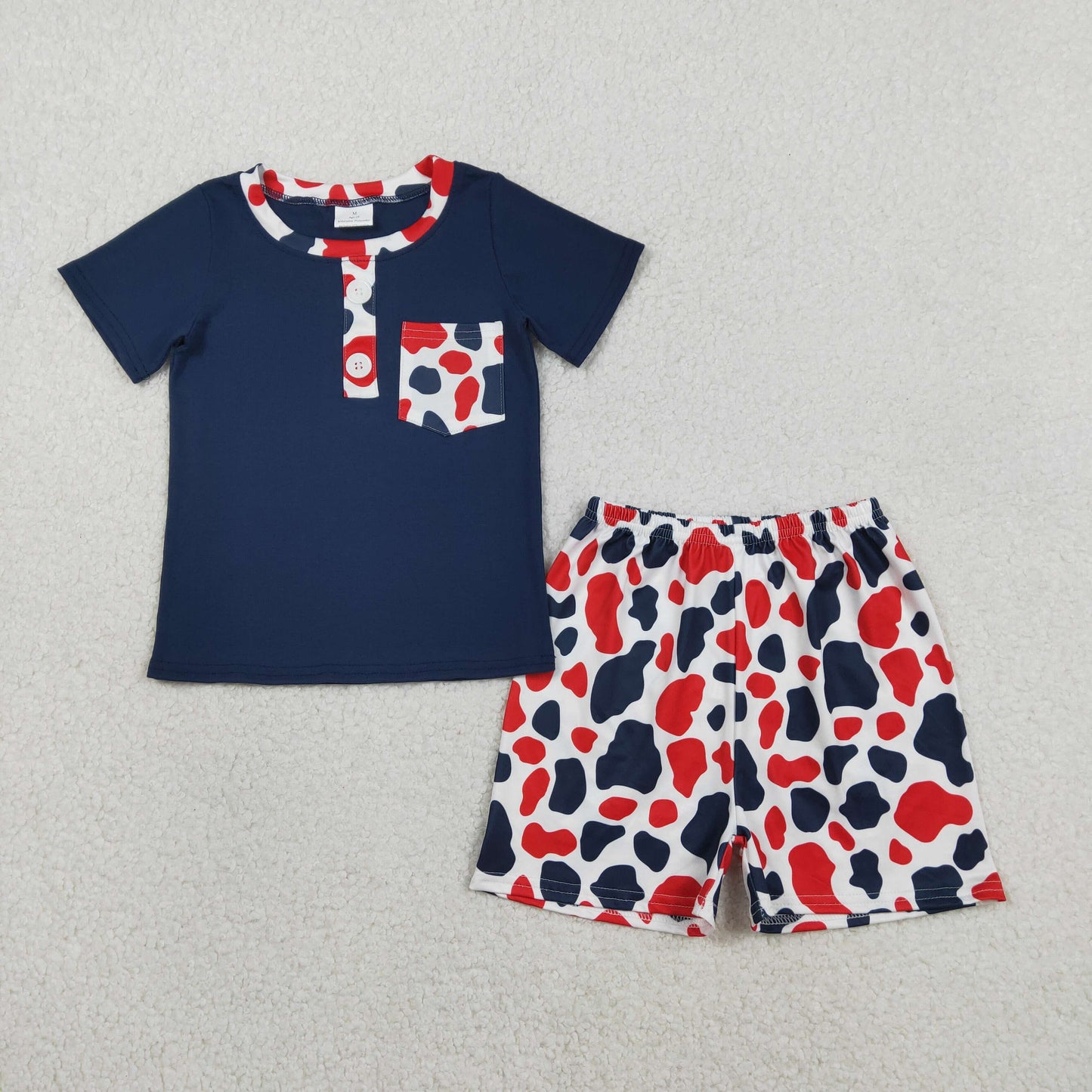 RTS NO MOQ（In Stock) BSSO1783 Red and blue camouflage pocket blue button short-sleeved shirt and shorts set
