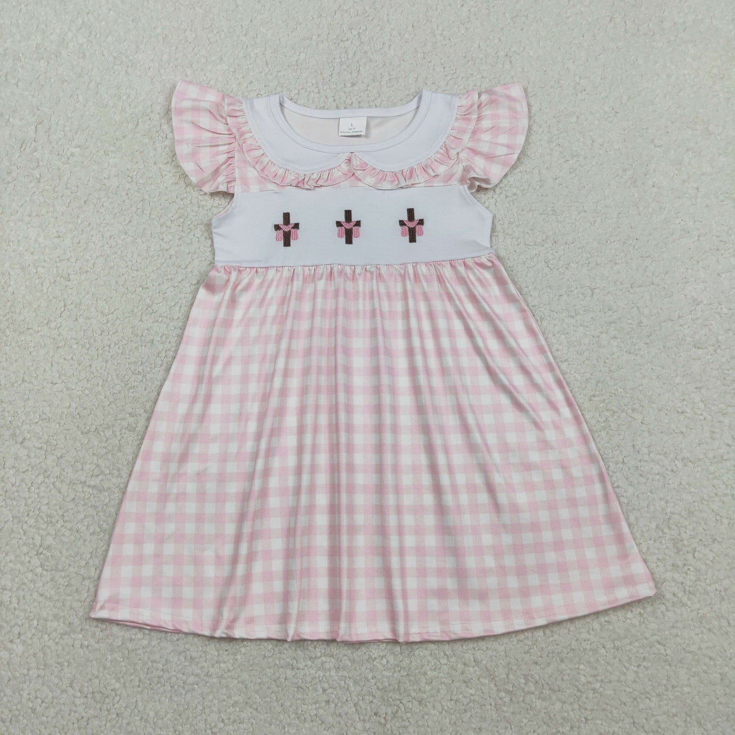 GSD3382 Kids Baby Girl Embroidery Crosses Pink Checked Easter Collar Knee Length Dresses