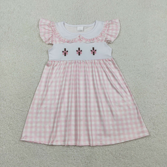 GSD3382 Kids Baby Girl Embroidery Crosses Pink Checked Easter Collar Knee Length Dresses