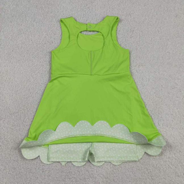 GSD3316 Kids Baby Girls Light Green Sleeveless Yoga Active Shorts Bows Scallop Knee Length Dresses