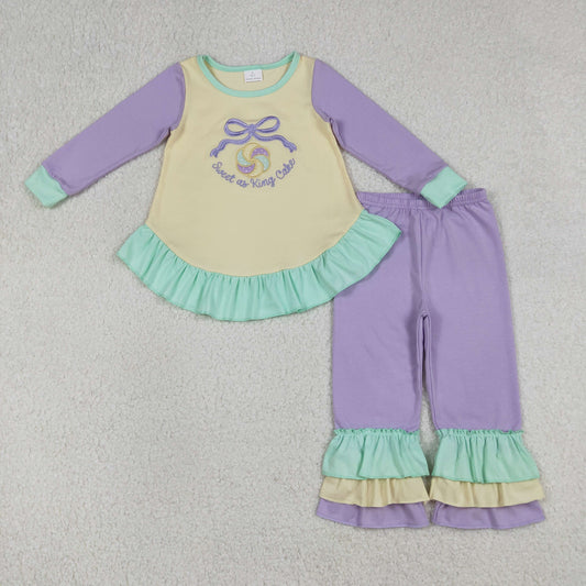 RTS NO MOQ(In Stock) GLP2979 Embroidered Sweet as King Cake Bow Pattern Lace Long-Sleeved Pants Set