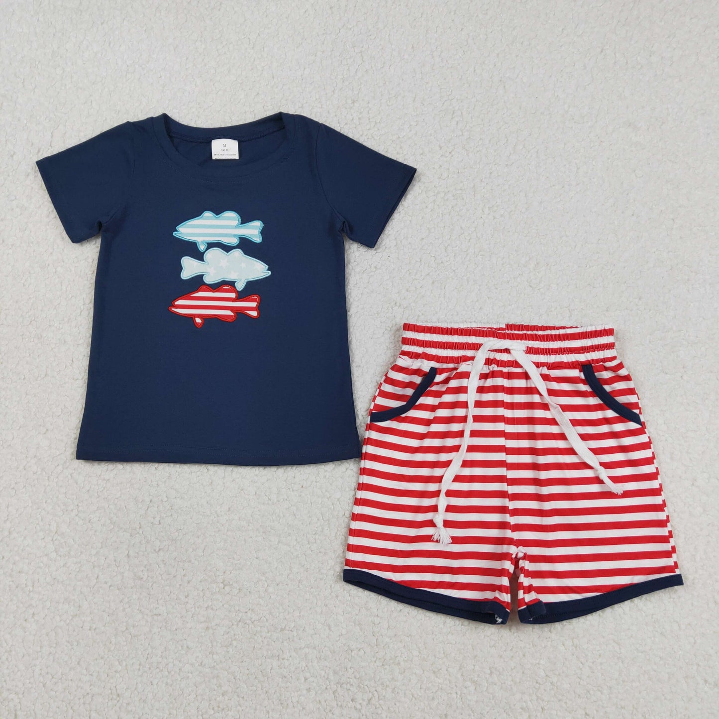 BSSO1741 Kids Embroidery Fishes Baby Boy Top Stripe Pockets Shorts 4th of July Clothes Sets