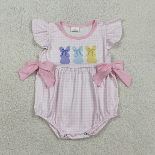 RTS NO MOQ(In Stock) SR3767 Pink plaid vest and bodysuit with colorful rabbit and bow pattern