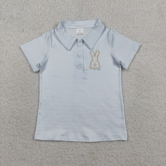BT1708 Kids Baby Boys Embroidery Rabbit Light Blue Stripe Easter Button Polo Shirts Top
