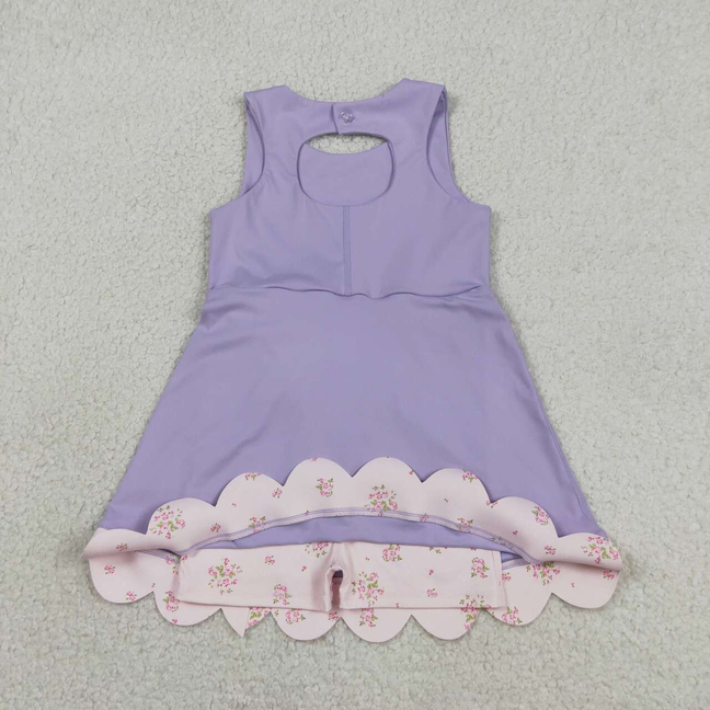 GSD3317 Kids Baby Girls Purple Sleeveless Bows Yoga Active Shorts Scallop Knee Length Dresses
