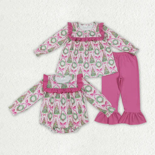 7.10 Sibling Baby Girls Christmas Trees Bows Rompers Outfits Sets