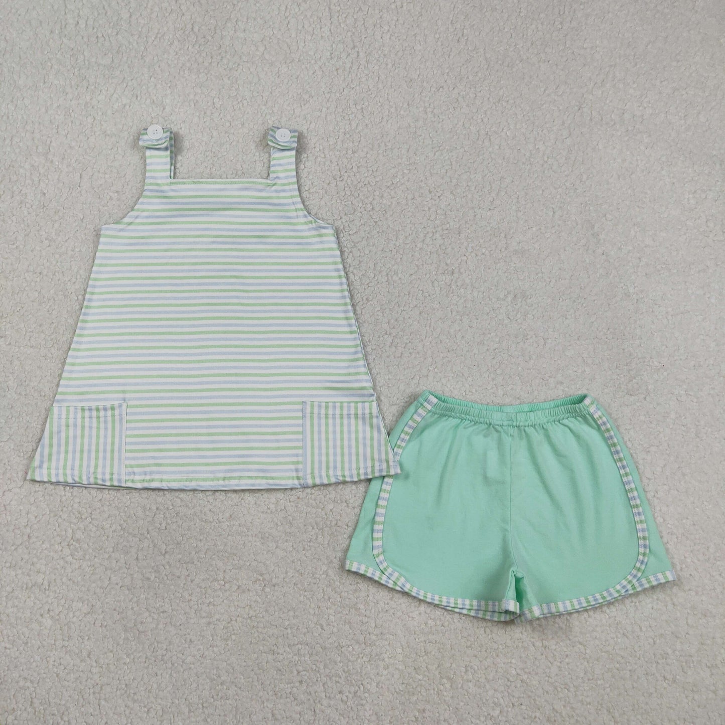 GSSO3110 Kids Baby Girl Strap Green Stripe Pockets Tunic Tops Shorts Clothes Sets