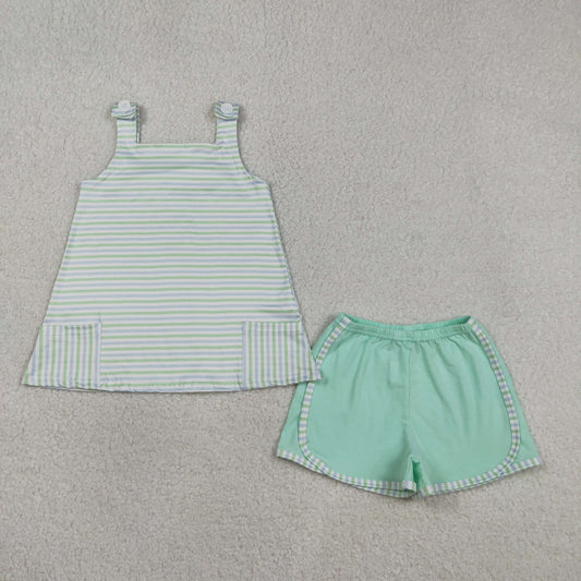 GSSO3110 Kids Baby Girl Strap Green Stripe Pockets Tunic Tops Shorts Clothes Sets