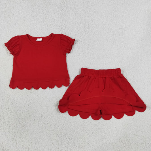 GSD3938 Kids Clothing Baby Girls Red Short Ruffle Sleeve Top Skirt Short Scallop Clothes Sets