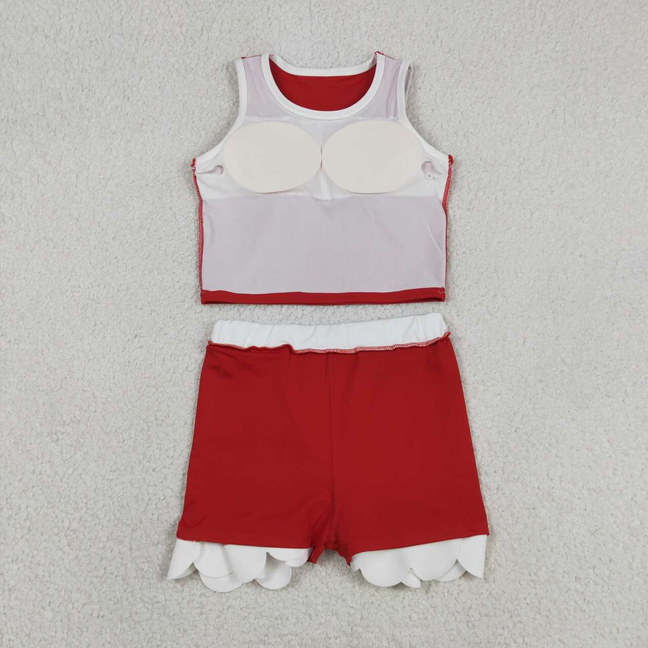 GSD4016 Kids Baby Girls Sleeveless Red White Vest Scallop Skirt Short Yoga Active Clothes Set