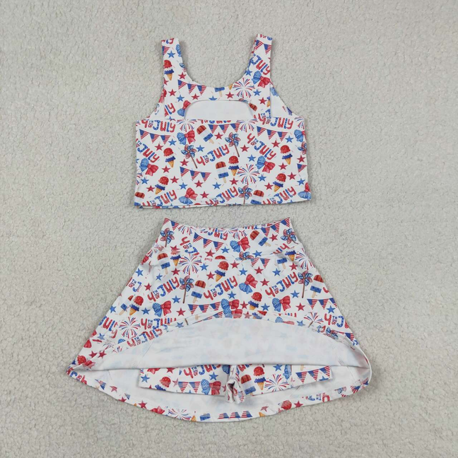GSD3498 Kids Baby Girls Bows Popsicle Stars Vest Skirt Shorts 4th of July Yoga Active Clothes Sets