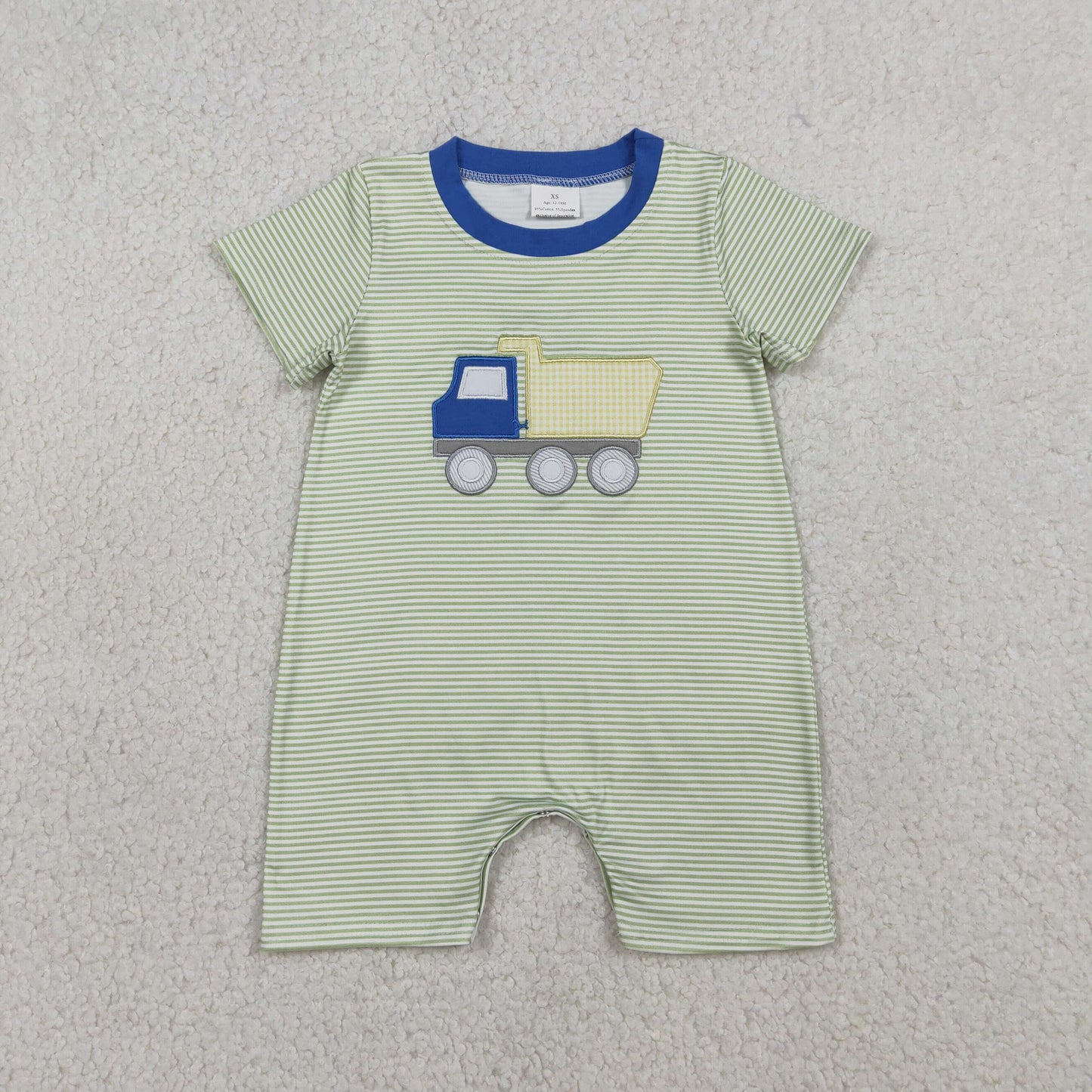 SR3893 Newborn Embroidery Tractors Baby Boy Short Sleeve Green Stripe Rompers